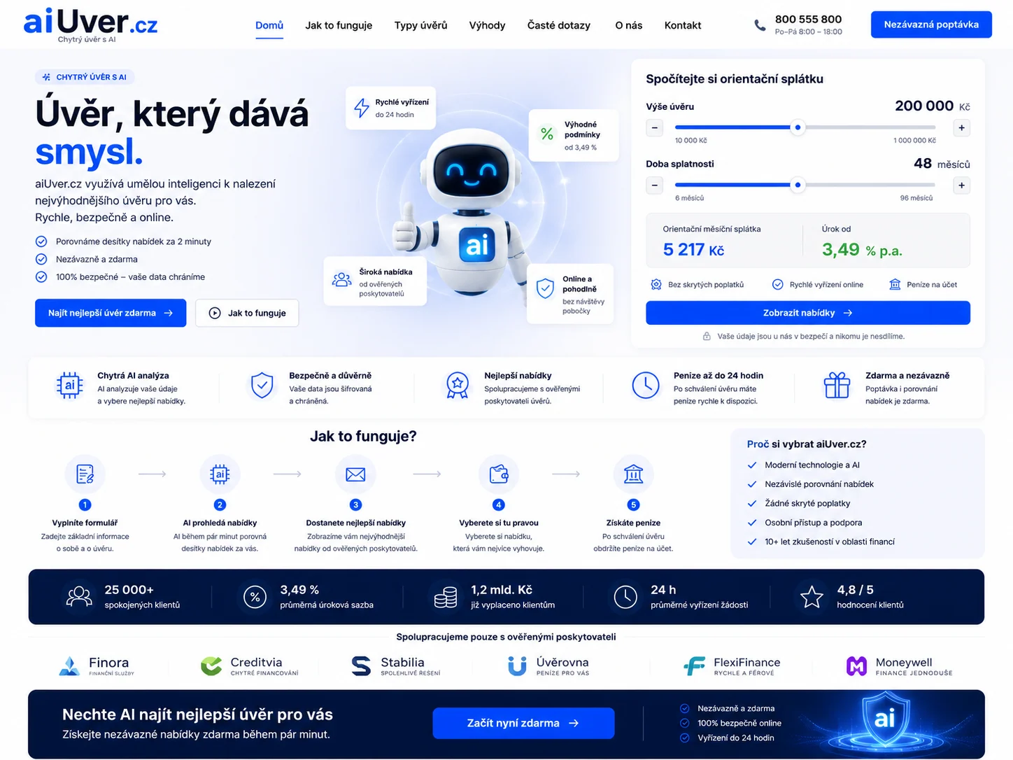 Vizuální návrh možného projektu aiUver.cz zaměřeného na AI podporu úvěrové orientace a klientských procesů
